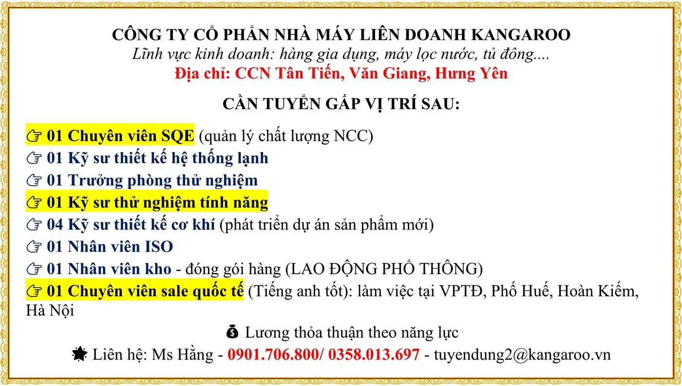 Kanggaru hưng yên tuyển nhiều vị trí tại Văn Giang