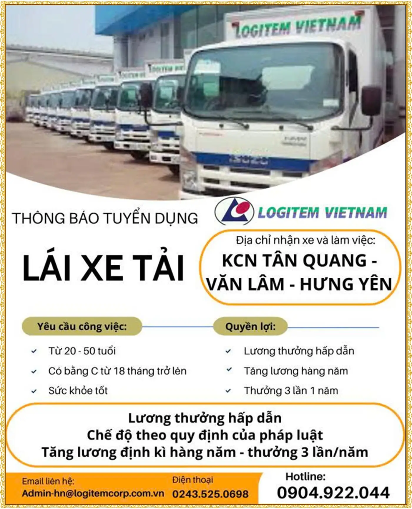 Tuyển gấp lái xe tải tại hưng yên