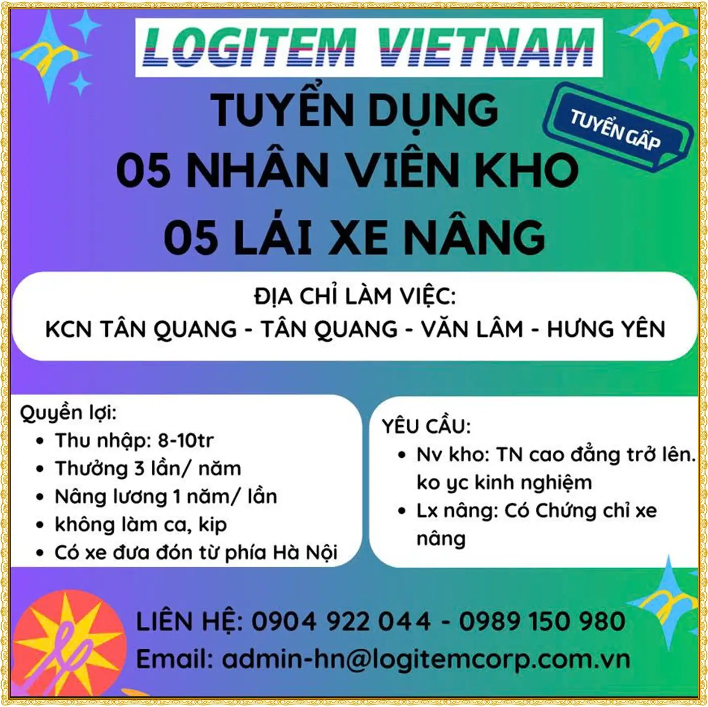 Hưng yên tuyển nhân viên kho, lái xe