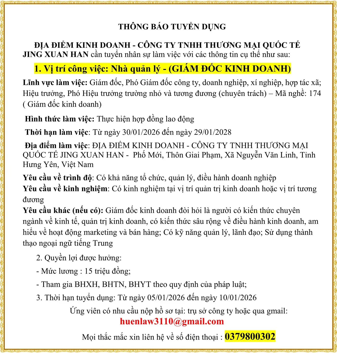 Hưng yên TUYỂN GIÁM ĐỐC KINH DOANH