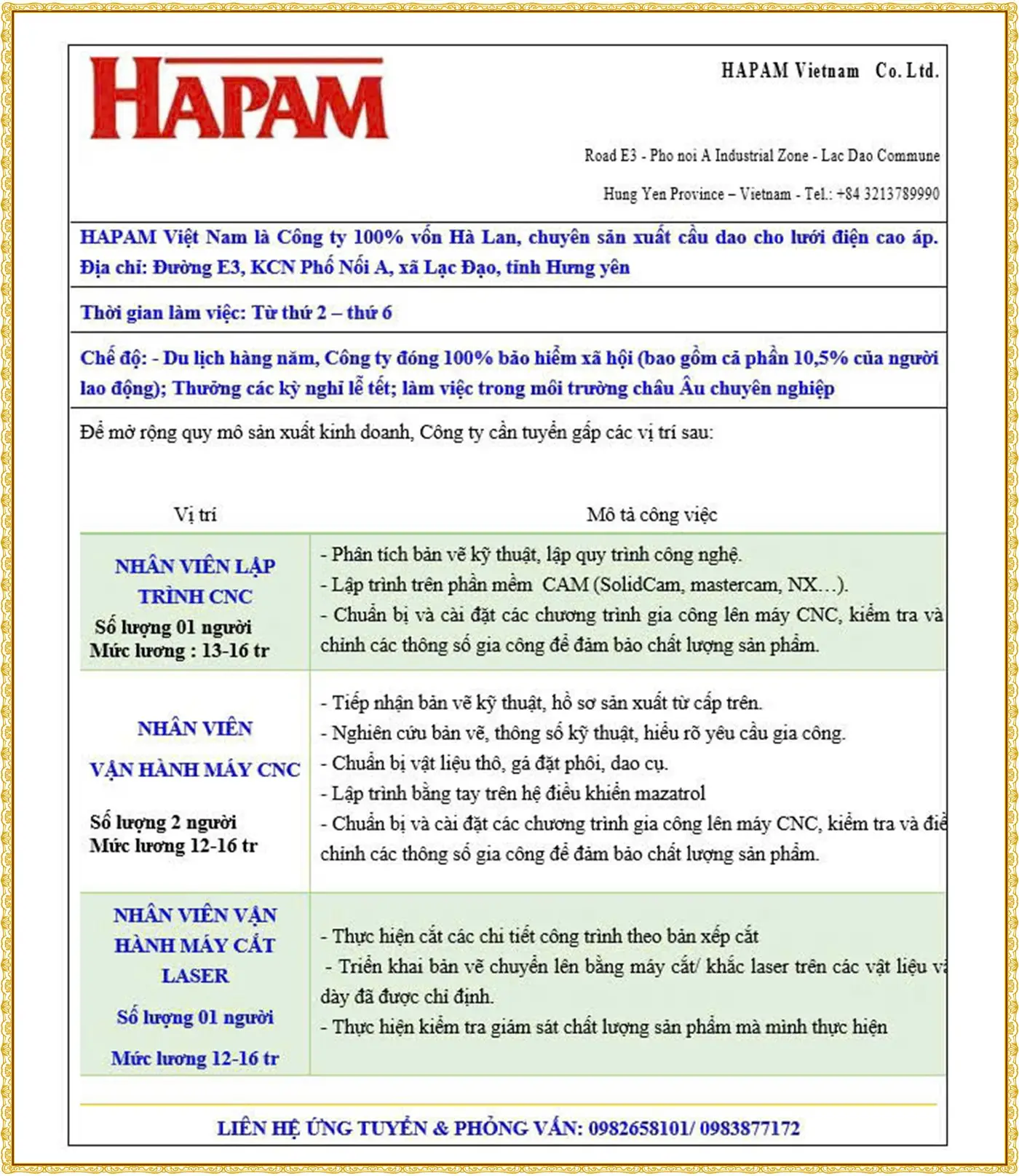Hưng Yên tuyển nhân viên vận hành CNC, cắt Laser