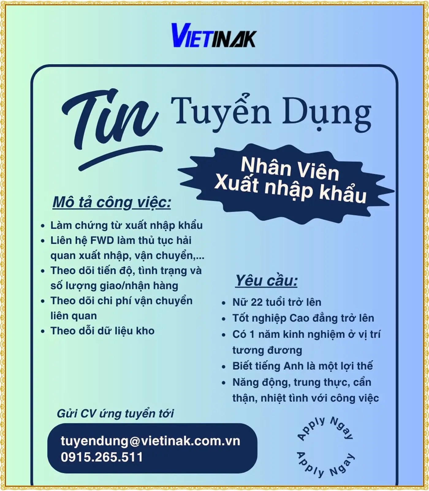 Tuyển nhân viên XNK tại Hưng Yên