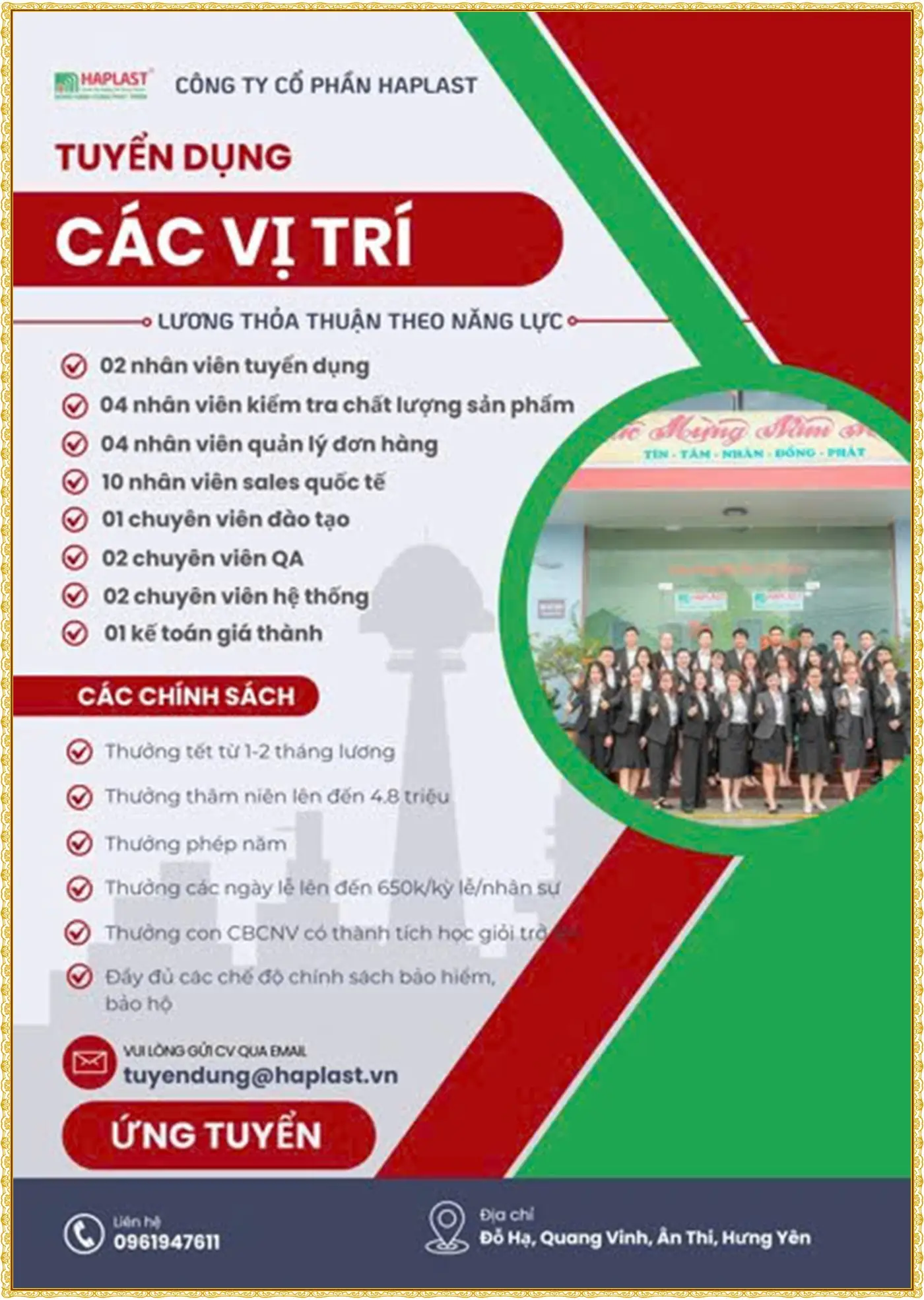 Hưng yên tuyển nhân viên tuyển dụng, QC, sale