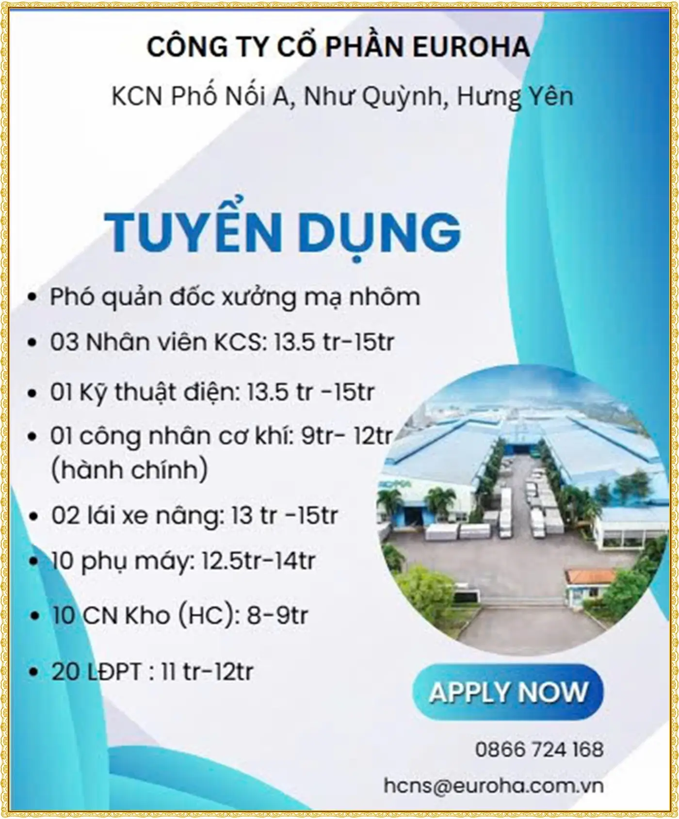 Hưng Yên tuyển Phó quản đốc, nhân viên KCS