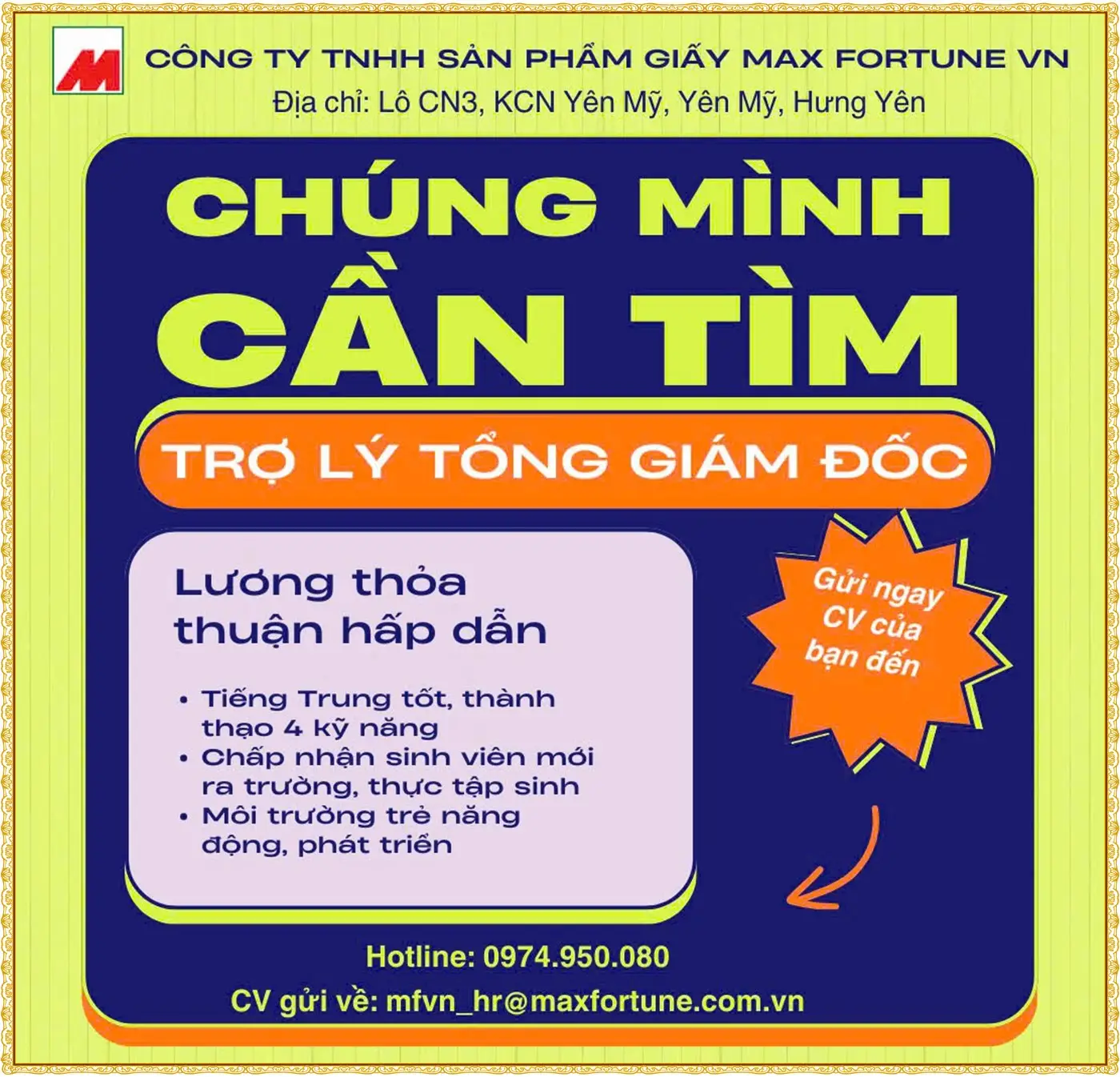 Hưng yên tuyển Trợ lí phó tổng giám đốc