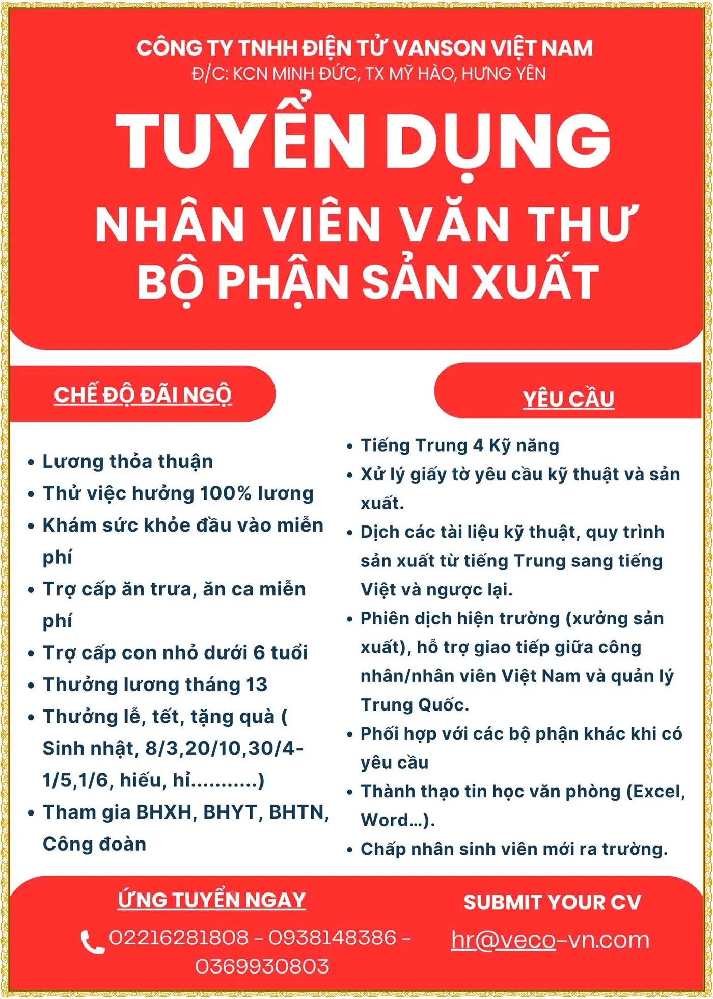Hưng Yên tuyển nhân viên văn thư bộ phận sản xuất