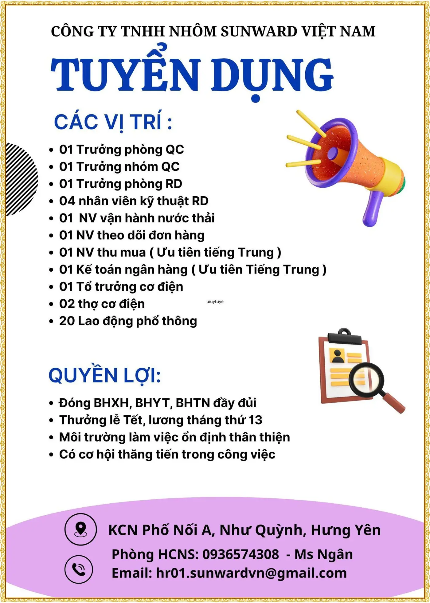 Hưng Yên tuyển trưởng phòng QC, RD
