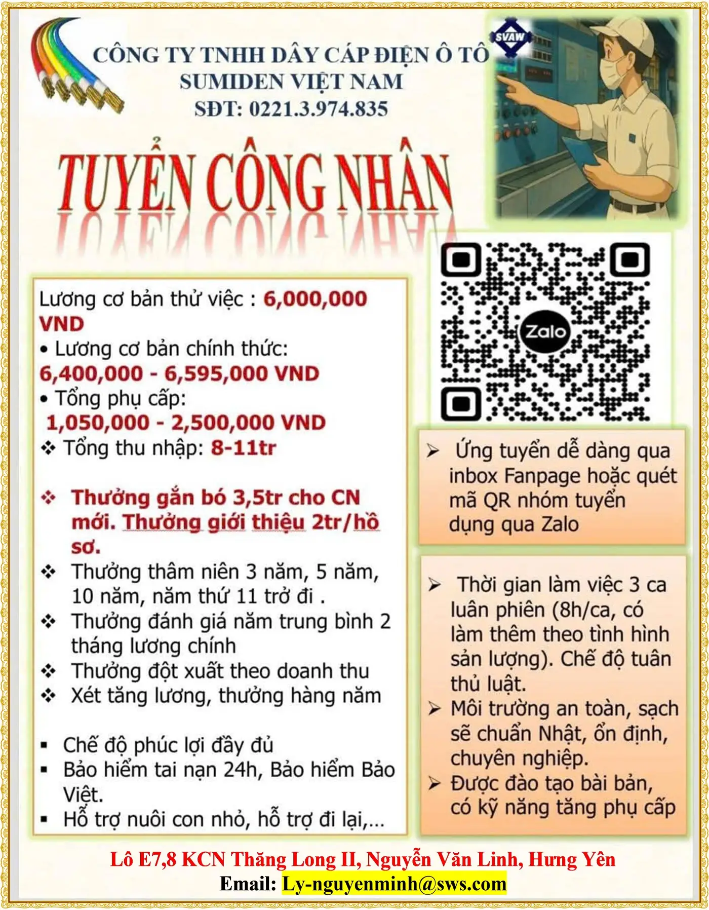 Sumiden KCN Thăng Long II tuyển công nhân