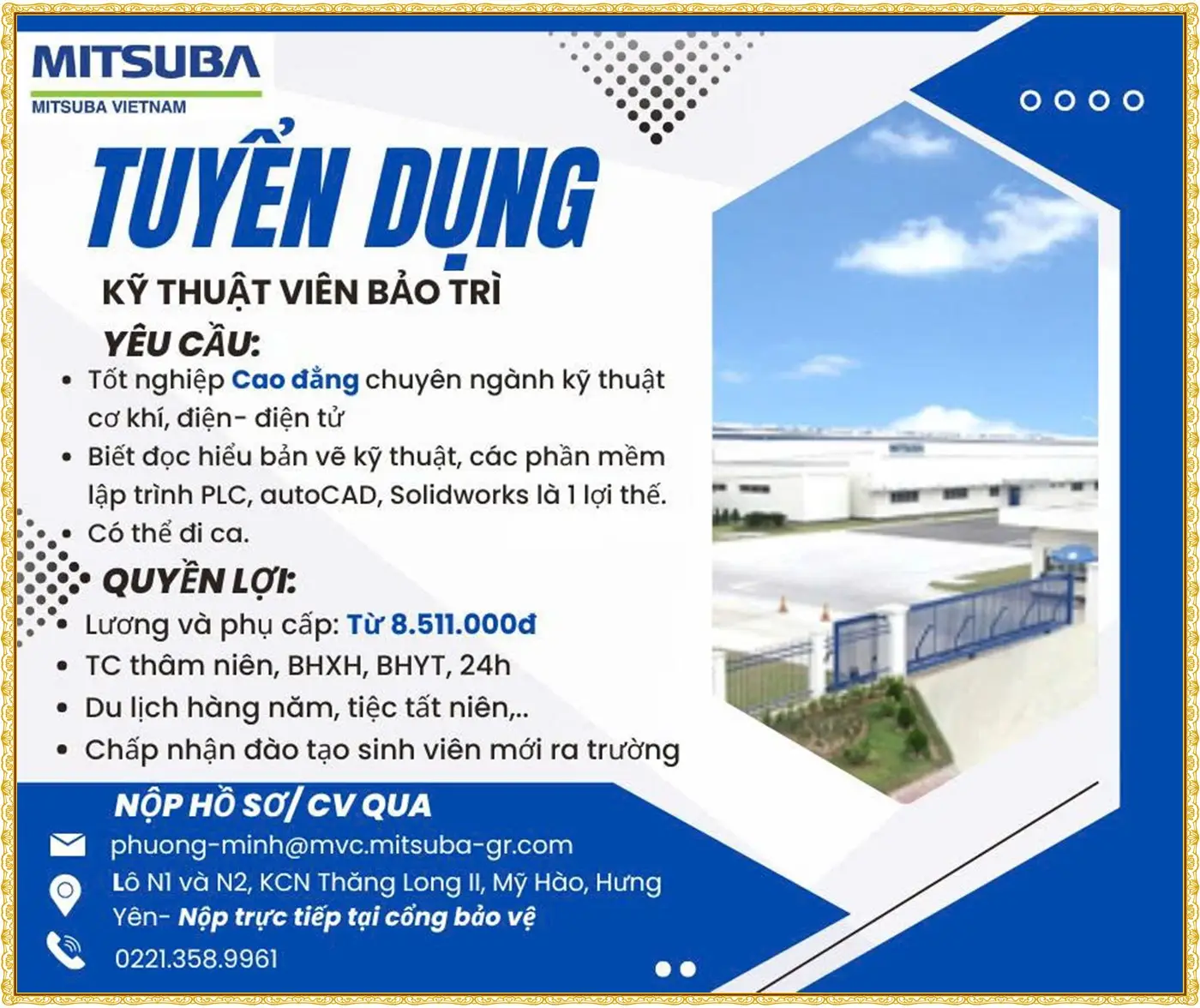 Tuyển kỹ thuật viên bảo trì tại hưng yên