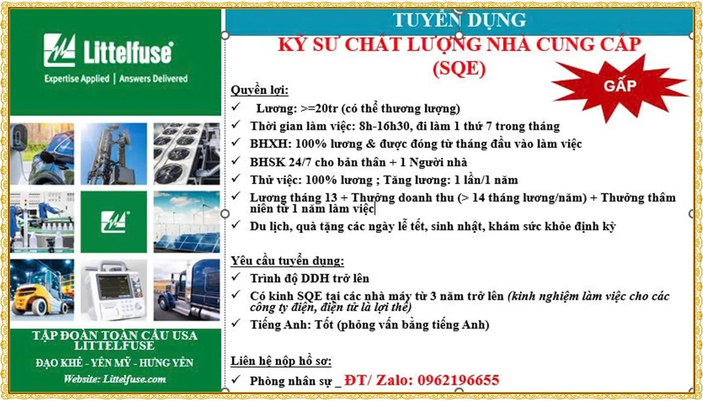 Tuyển kỹ sư chất lượng tại Hưng yên