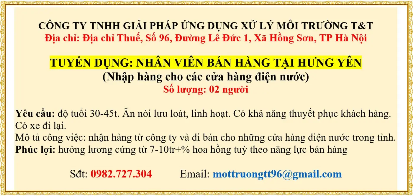 hƯNG YÊN TUYỂN NHÂN VIÊN BÁN HÀNG ĐIỆN NƯỚC